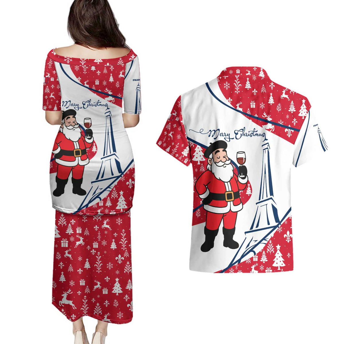 France Christmas Couples Matching Puletasi and Hawaiian Shirt with Santa Wine Glass Eiffel Tower and Holiday Icons Design - Wonder Print Shop