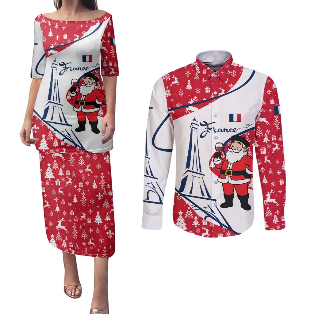 France Christmas Couples Matching Puletasi and Long Sleeve Button Shirt with Santa Wine Glass Eiffel Tower and Holiday Icons Design - Wonder Print Shop