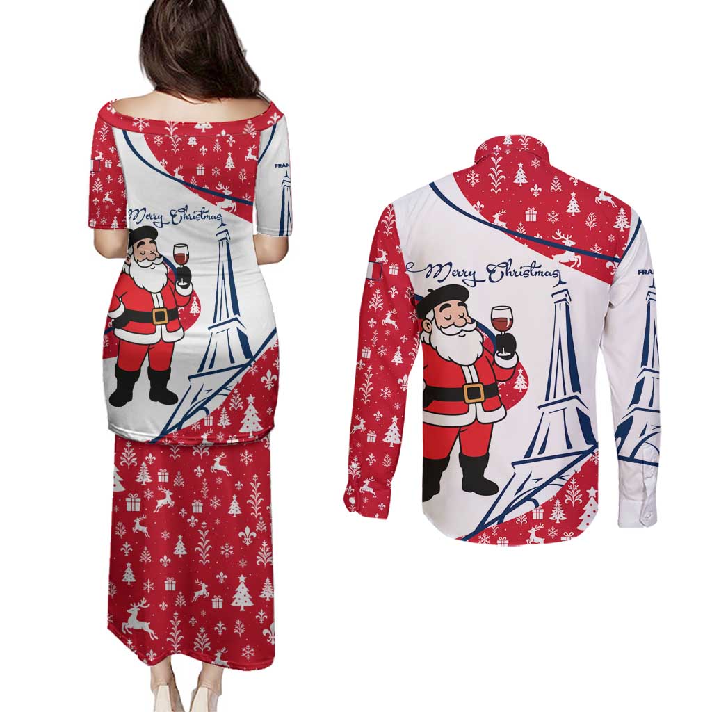 France Christmas Couples Matching Puletasi and Long Sleeve Button Shirt with Santa Wine Glass Eiffel Tower and Holiday Icons Design - Wonder Print Shop