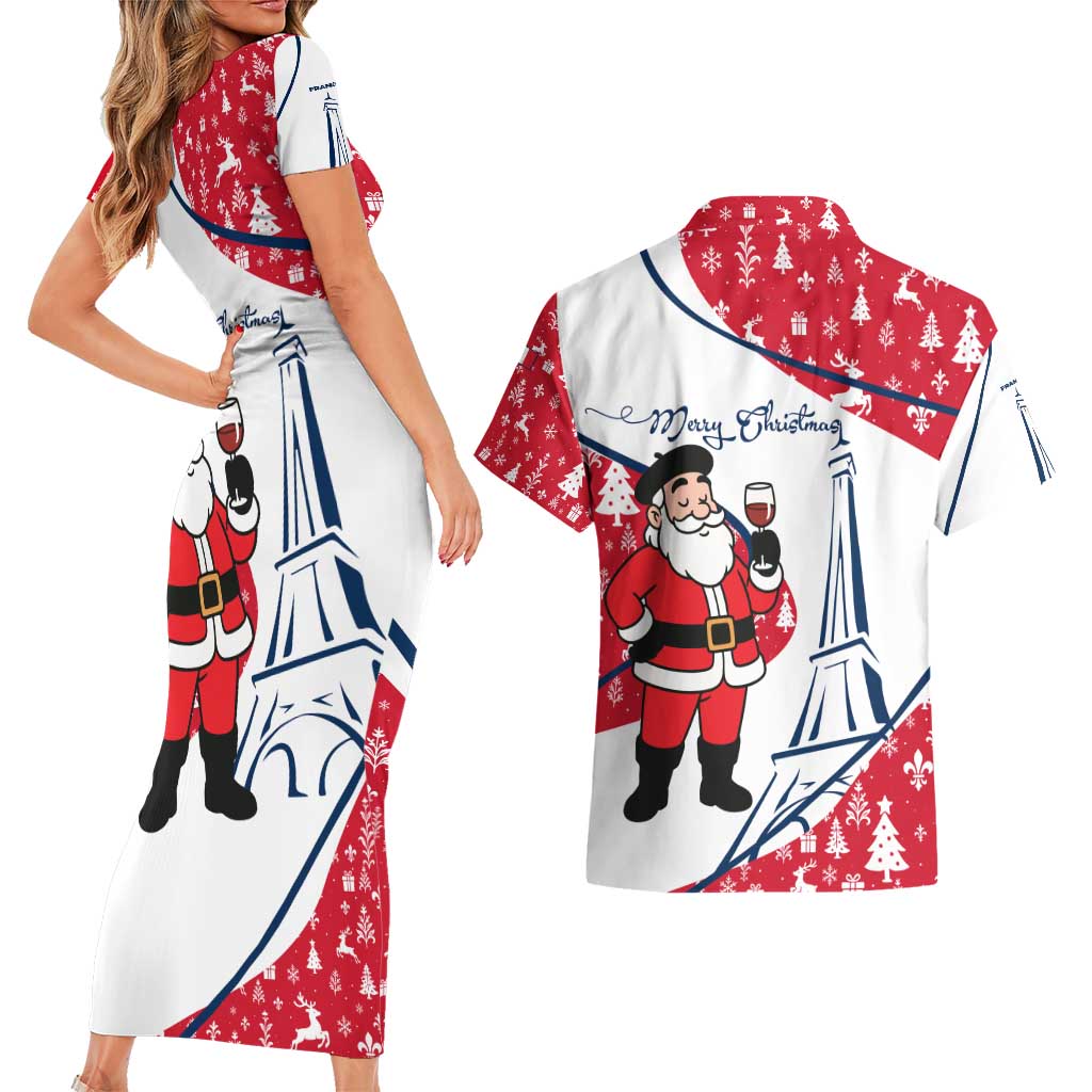 France Christmas Couples Matching Short Sleeve Bodycon Dress and Hawaiian Shirt with Santa Wine Glass Eiffel Tower and Holiday Icons Design - Wonder Print Shop