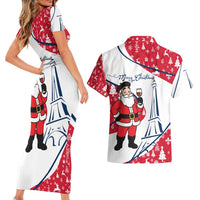France Christmas Couples Matching Short Sleeve Bodycon Dress and Hawaiian Shirt with Santa Wine Glass Eiffel Tower and Holiday Icons Design - Wonder Print Shop