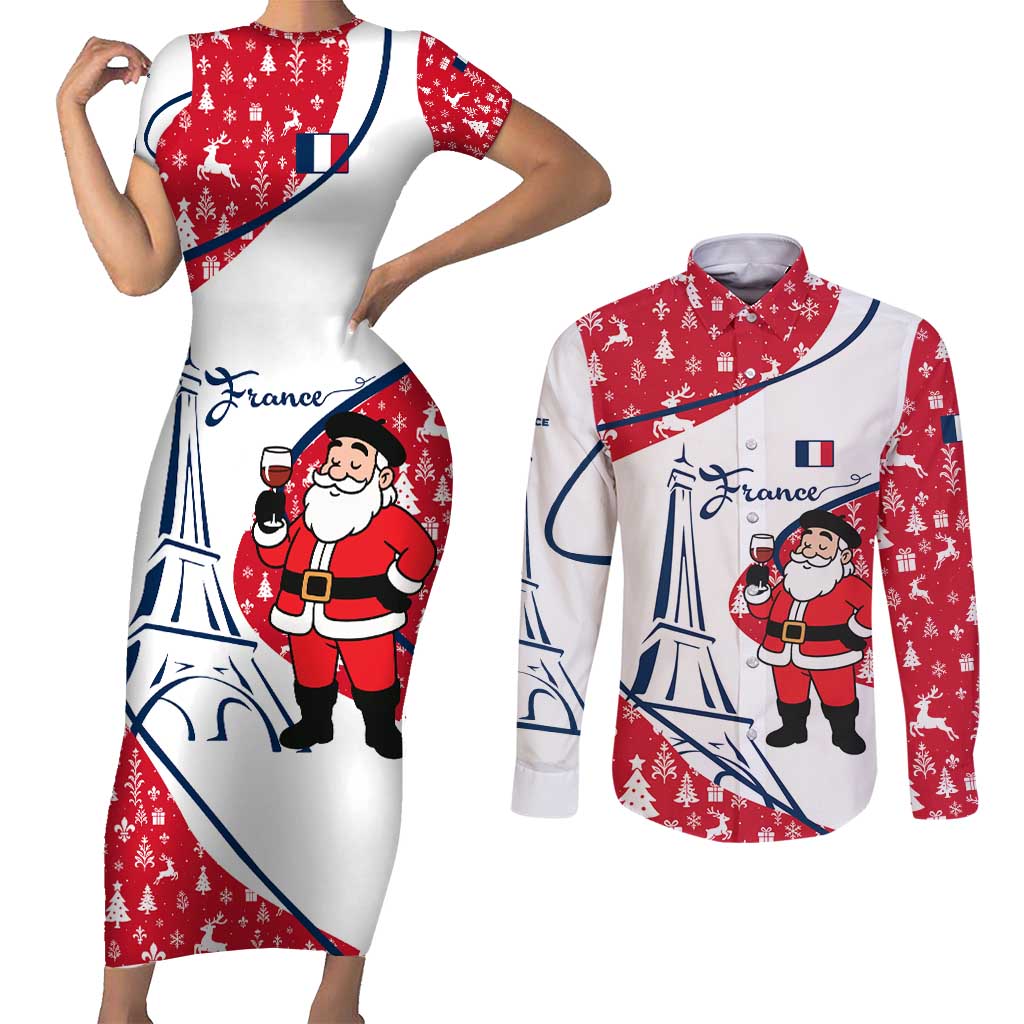 France Christmas Couples Matching Short Sleeve Bodycon Dress and Long Sleeve Button Shirt with Santa Wine Glass Eiffel Tower and Holiday Icons Design - Wonder Print Shop