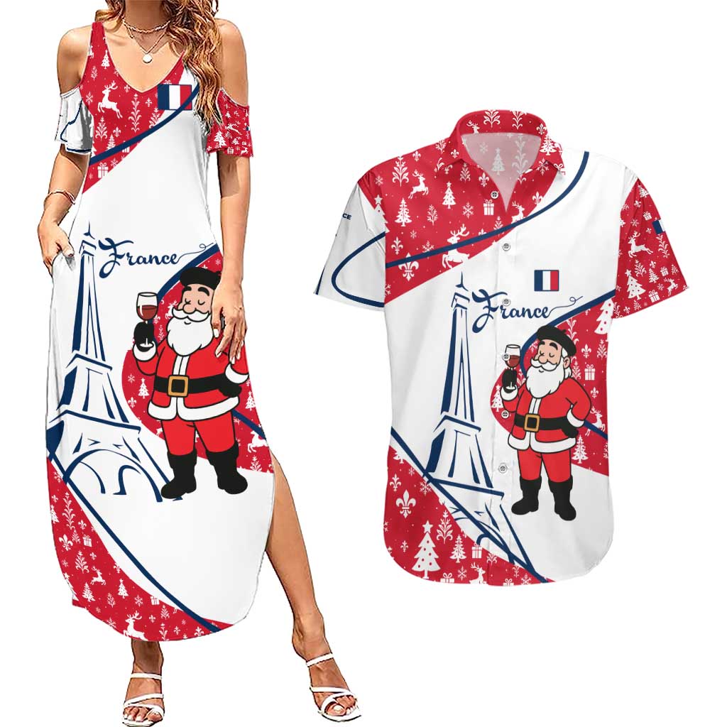 France Christmas Couples Matching Summer Maxi Dress and Hawaiian Shirt with Santa Wine Glass Eiffel Tower and Holiday Icons Design - Wonder Print Shop