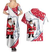 France Christmas Couples Matching Summer Maxi Dress and Hawaiian Shirt with Santa Wine Glass Eiffel Tower and Holiday Icons Design - Wonder Print Shop