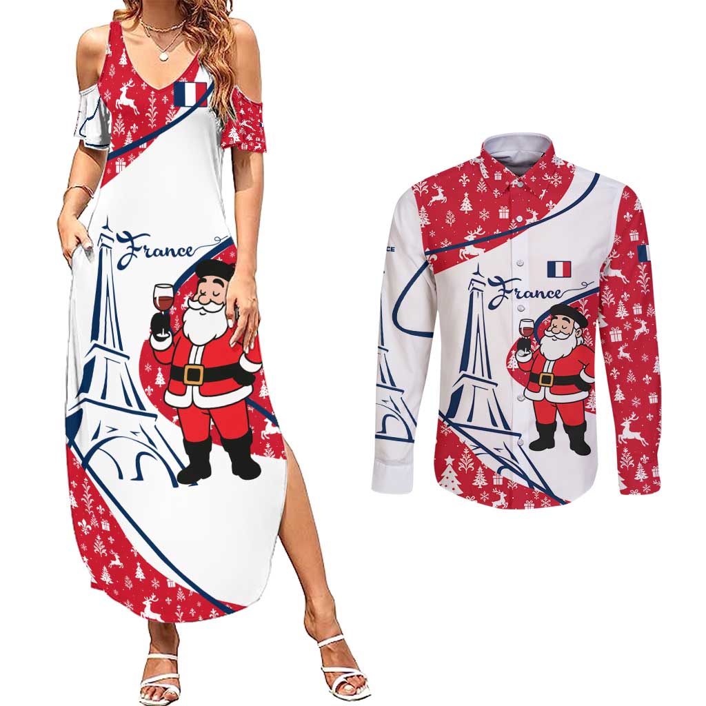 France Christmas Couples Matching Summer Maxi Dress and Long Sleeve Button Shirt with Santa Wine Glass Eiffel Tower and Holiday Icons Design - Wonder Print Shop