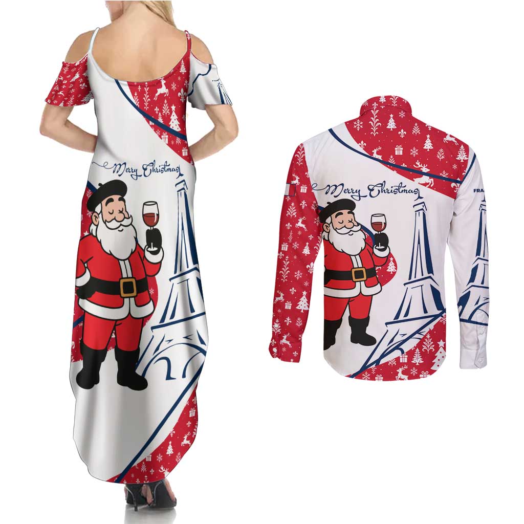 France Christmas Couples Matching Summer Maxi Dress and Long Sleeve Button Shirt with Santa Wine Glass Eiffel Tower and Holiday Icons Design - Wonder Print Shop