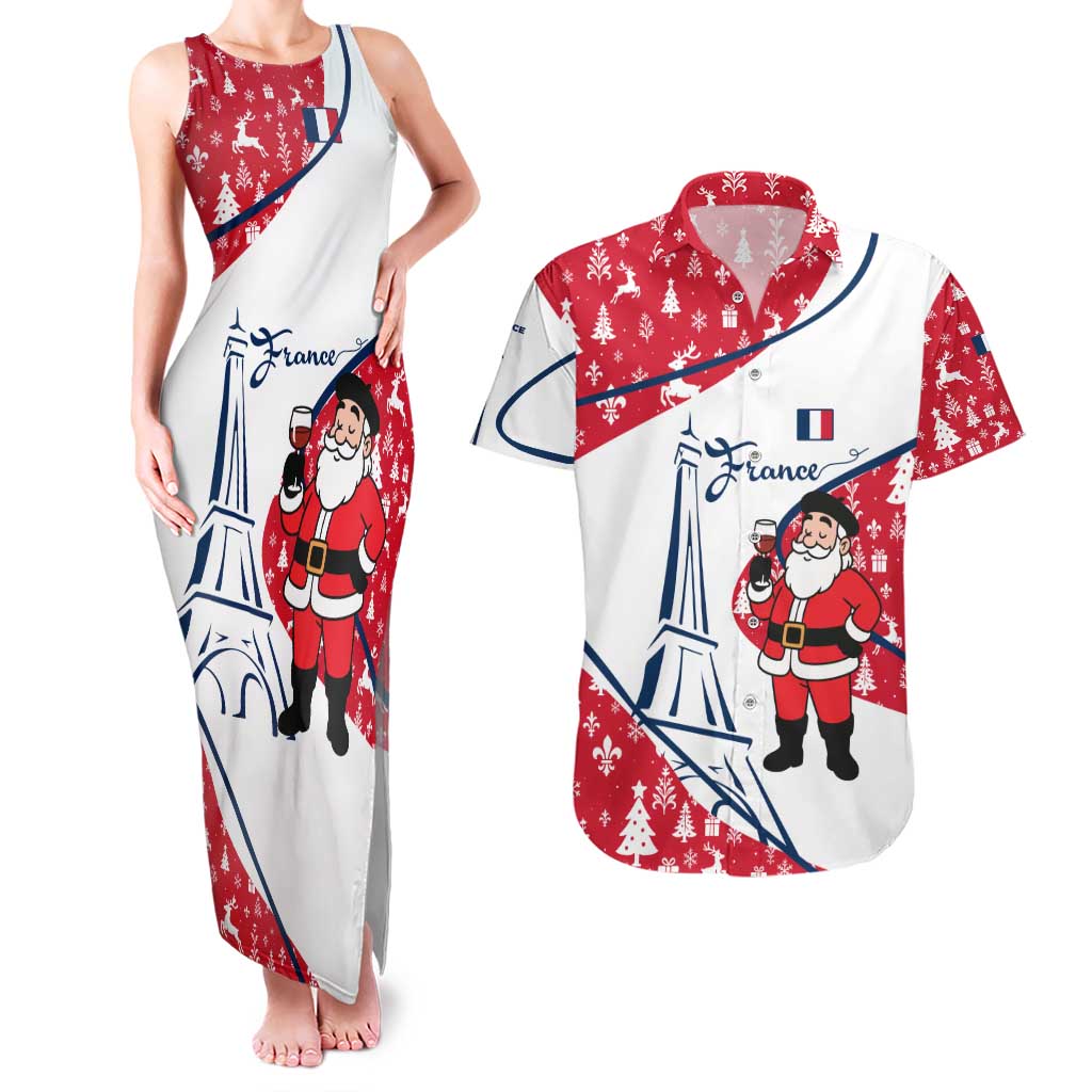 France Christmas Couples Matching Tank Maxi Dress and Hawaiian Shirt with Santa Wine Glass Eiffel Tower and Holiday Icons Design - Wonder Print Shop