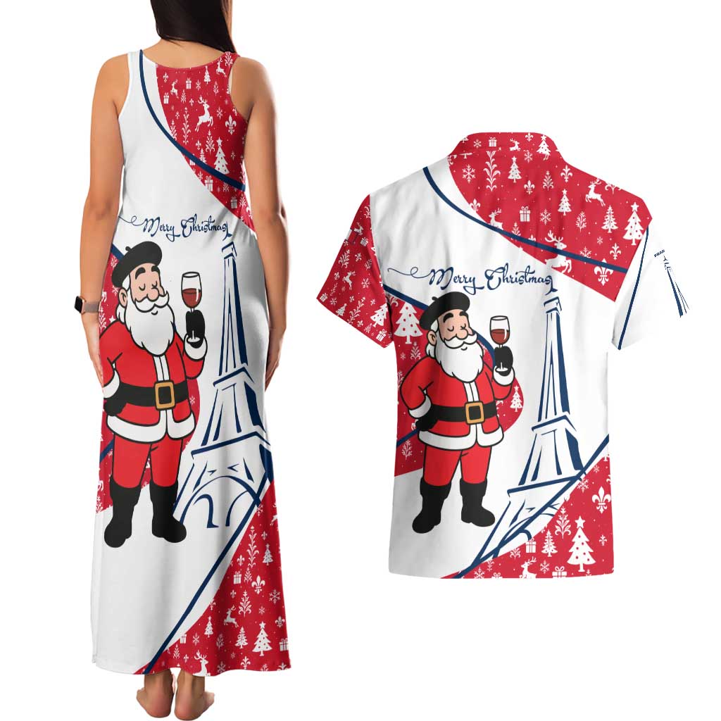 France Christmas Couples Matching Tank Maxi Dress and Hawaiian Shirt with Santa Wine Glass Eiffel Tower and Holiday Icons Design - Wonder Print Shop