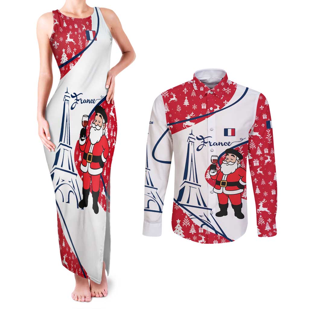 France Christmas Couples Matching Tank Maxi Dress and Long Sleeve Button Shirt with Santa Wine Glass Eiffel Tower and Holiday Icons Design - Wonder Print Shop