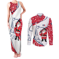France Christmas Couples Matching Tank Maxi Dress and Long Sleeve Button Shirt with Santa Wine Glass Eiffel Tower and Holiday Icons Design - Wonder Print Shop