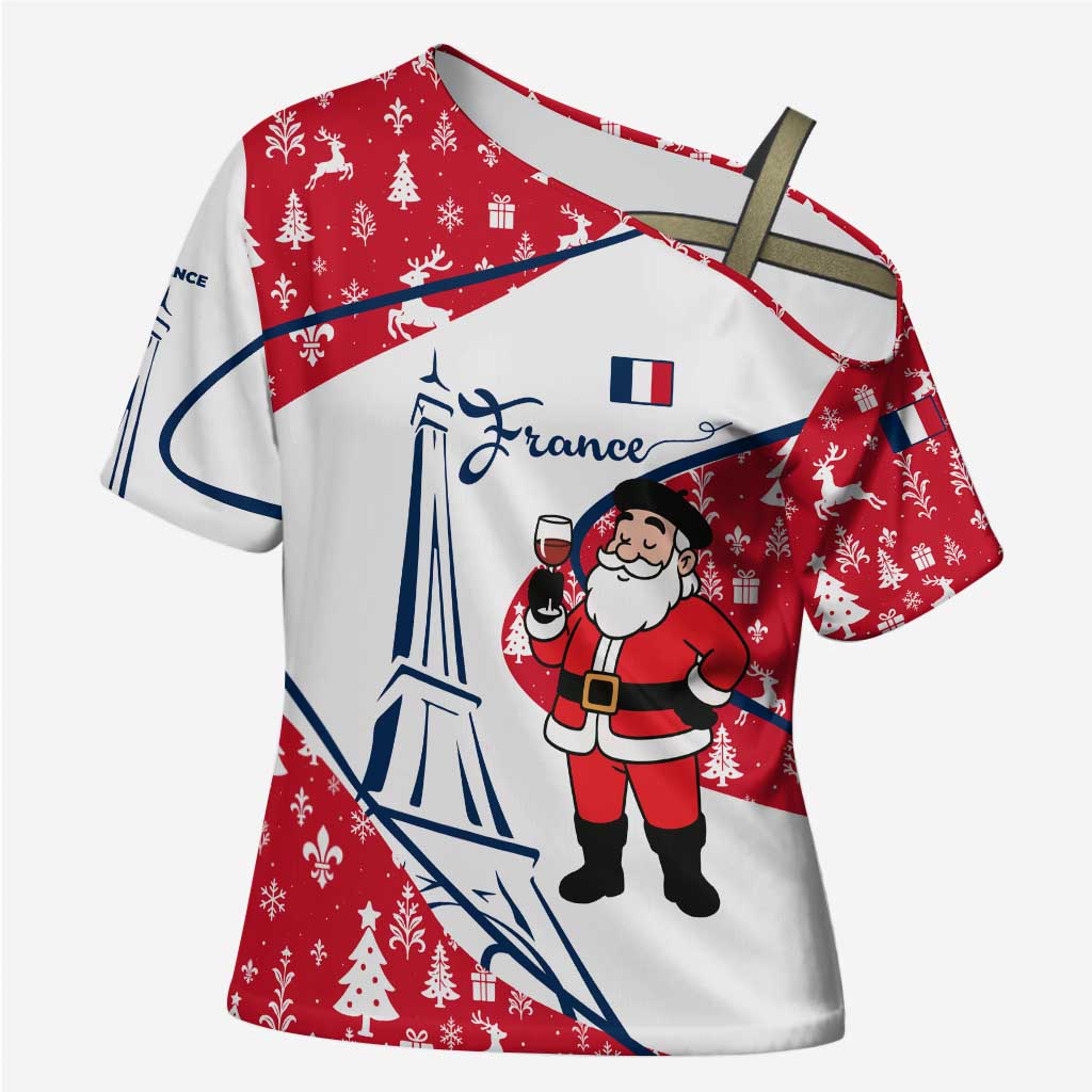 France Christmas Cross Shoulder Shirt with Santa Wine Glass Eiffel Tower and Holiday Icons Design - Wonder Print Shop