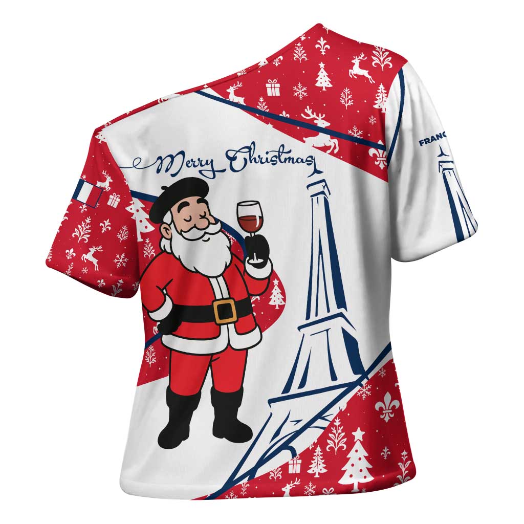 France Christmas Cross Shoulder Shirt with Santa Wine Glass Eiffel Tower and Holiday Icons Design - Wonder Print Shop