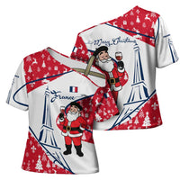 France Christmas Cross Shoulder Shirt with Santa Wine Glass Eiffel Tower and Holiday Icons Design - Wonder Print Shop