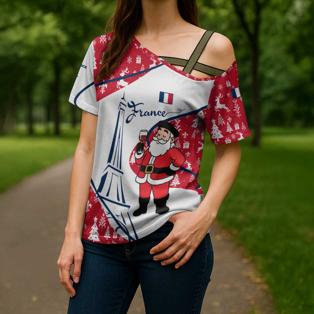 France Christmas Cross Shoulder Shirt with Santa Wine Glass Eiffel Tower and Holiday Icons Design - Wonder Print Shop