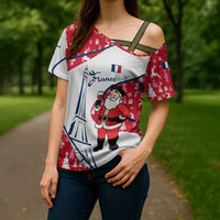 France Christmas Cross Shoulder Shirt with Santa Wine Glass Eiffel Tower and Holiday Icons Design - Wonder Print Shop