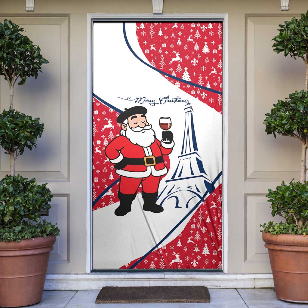 France Christmas Door Cover with Santa Wine Glass Eiffel Tower and Holiday Icons Design - Wonder Print Shop