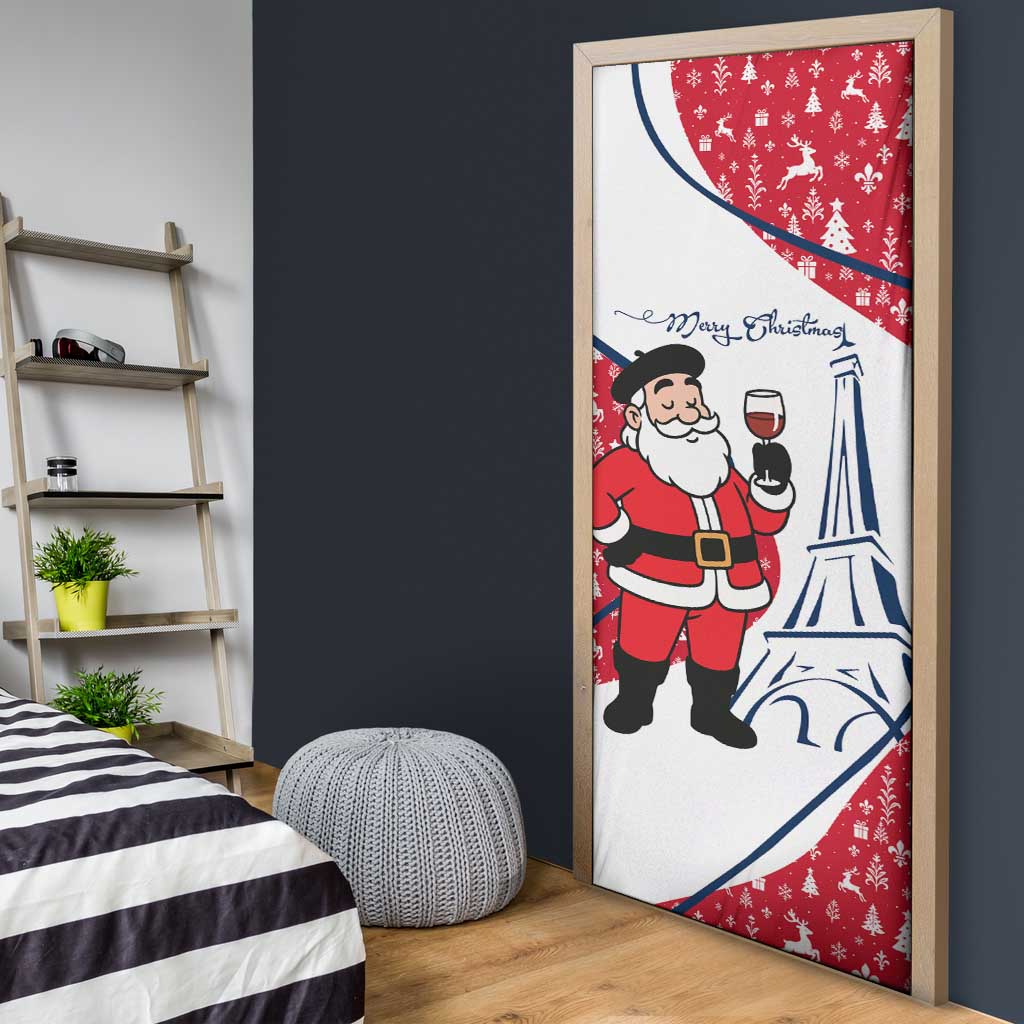 France Christmas Door Cover with Santa Wine Glass Eiffel Tower and Holiday Icons Design - Wonder Print Shop