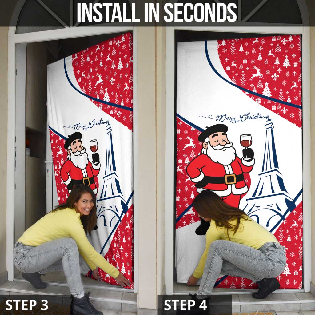 France Christmas Door Cover with Santa Wine Glass Eiffel Tower and Holiday Icons Design - Wonder Print Shop