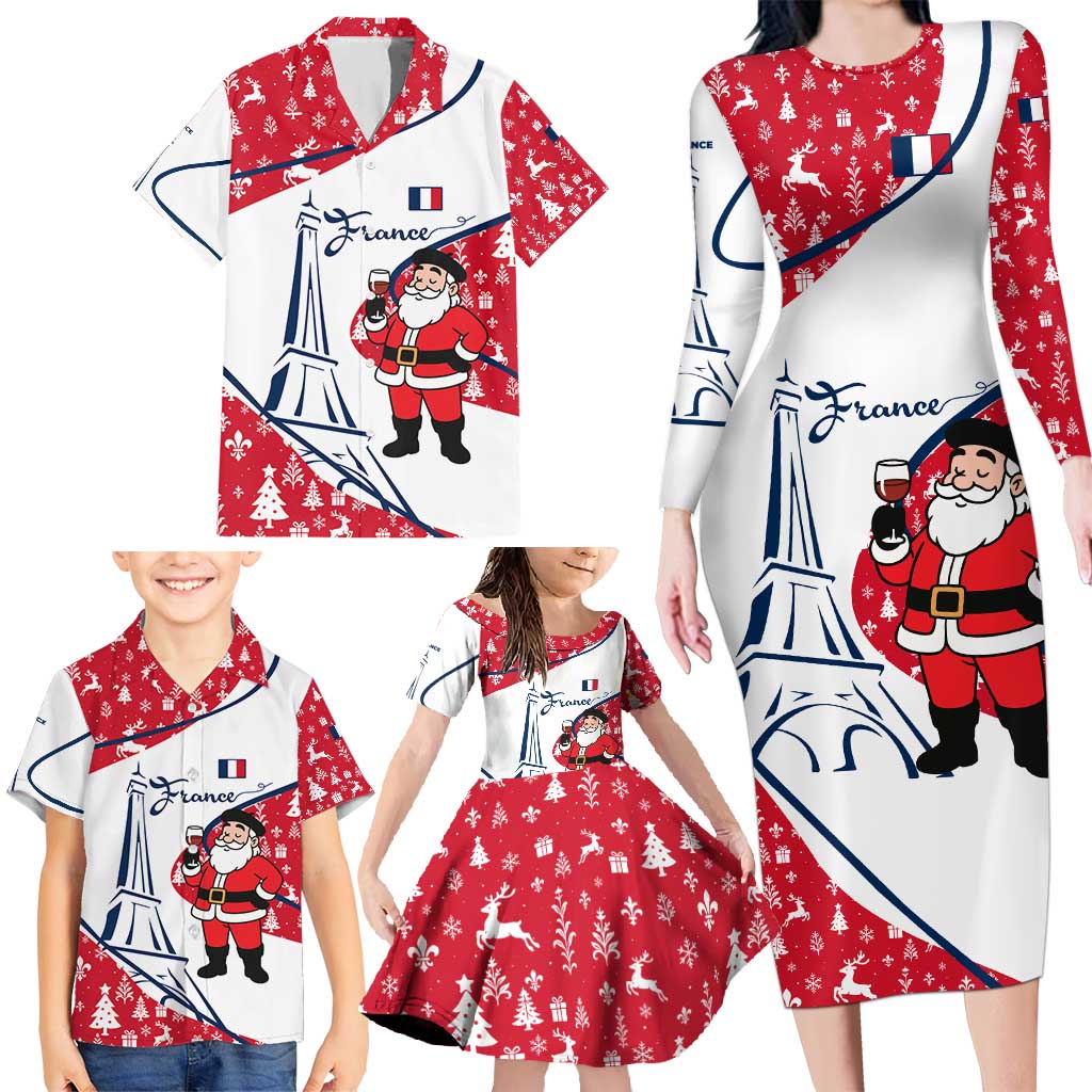 France Christmas Family Matching Long Sleeve Bodycon Dress and Hawaiian Shirt with Santa Wine Glass Eiffel Tower and Holiday Icons Design - Wonder Print Shop