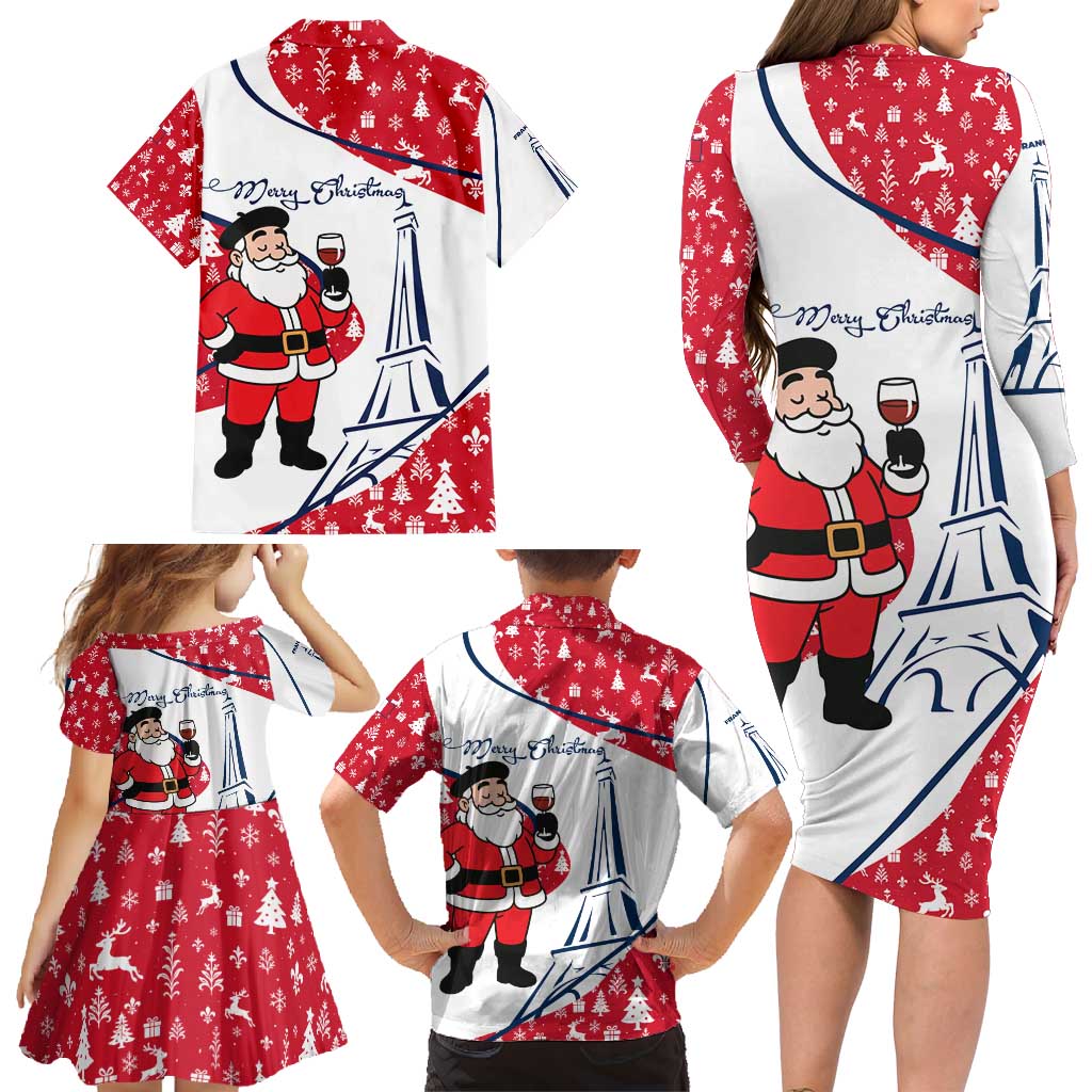 France Christmas Family Matching Long Sleeve Bodycon Dress and Hawaiian Shirt with Santa Wine Glass Eiffel Tower and Holiday Icons Design - Wonder Print Shop