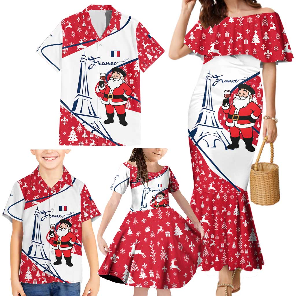 France Christmas Family Matching Mermaid Dress and Hawaiian Shirt with Santa Wine Glass Eiffel Tower and Holiday Icons Design - Wonder Print Shop