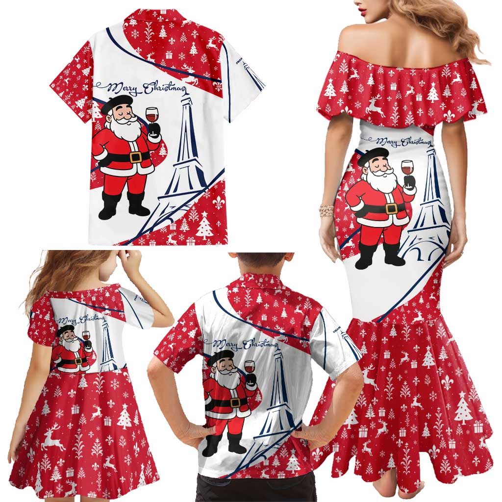 France Christmas Family Matching Mermaid Dress and Hawaiian Shirt with Santa Wine Glass Eiffel Tower and Holiday Icons Design - Wonder Print Shop
