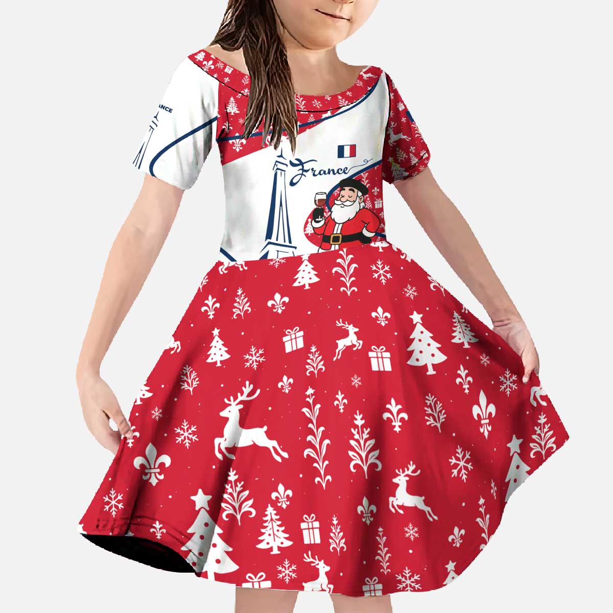 France Christmas Family Matching Off The Shoulder Long Sleeve Dress and Hawaiian Shirt with Santa Wine Glass Eiffel Tower and Holiday Icons Design - Wonder Print Shop