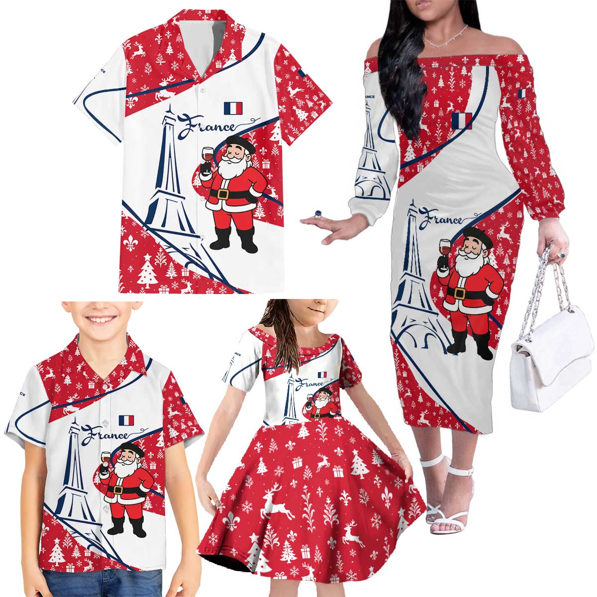 France Christmas Family Matching Off The Shoulder Long Sleeve Dress and Hawaiian Shirt with Santa Wine Glass Eiffel Tower and Holiday Icons Design - Wonder Print Shop