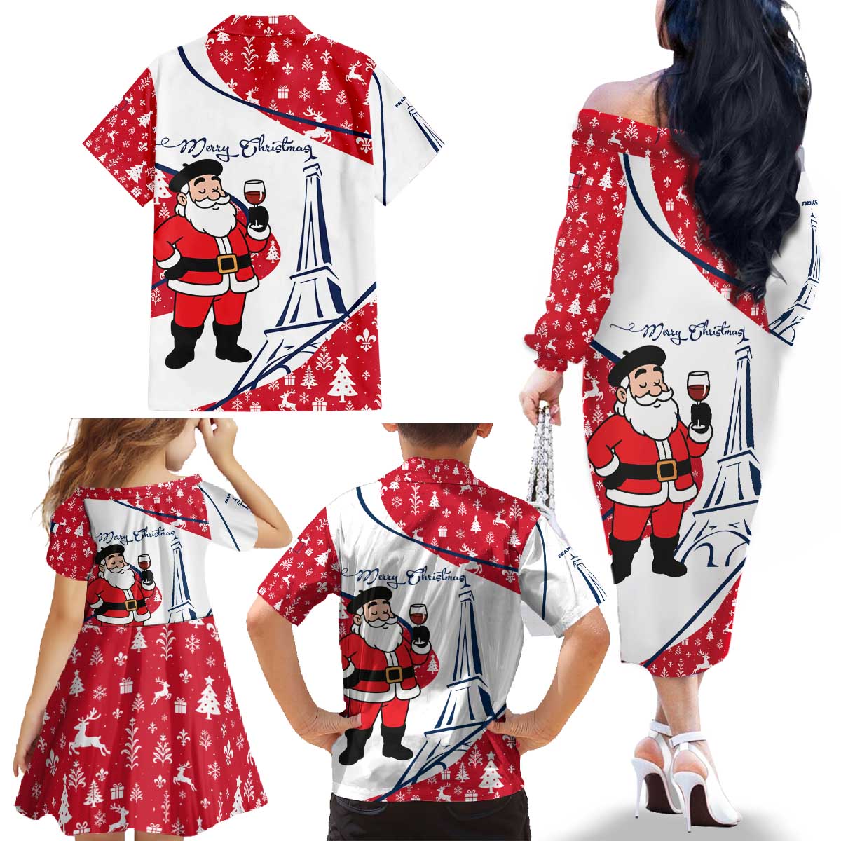France Christmas Family Matching Off The Shoulder Long Sleeve Dress and Hawaiian Shirt with Santa Wine Glass Eiffel Tower and Holiday Icons Design - Wonder Print Shop