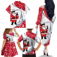 France Christmas Family Matching Off The Shoulder Long Sleeve Dress and Hawaiian Shirt with Santa Wine Glass Eiffel Tower and Holiday Icons Design - Wonder Print Shop