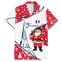 France Christmas Family Matching Off The Shoulder Long Sleeve Dress and Hawaiian Shirt with Santa Wine Glass Eiffel Tower and Holiday Icons Design - Wonder Print Shop