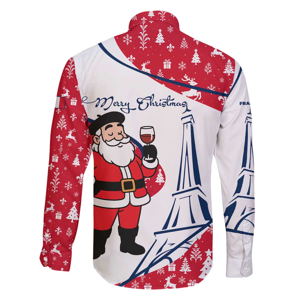 France Christmas Family Matching Off The Shoulder Long Sleeve Dress and Hawaiian Shirt with Santa Wine Glass Eiffel Tower and Holiday Icons Design - Wonder Print Shop