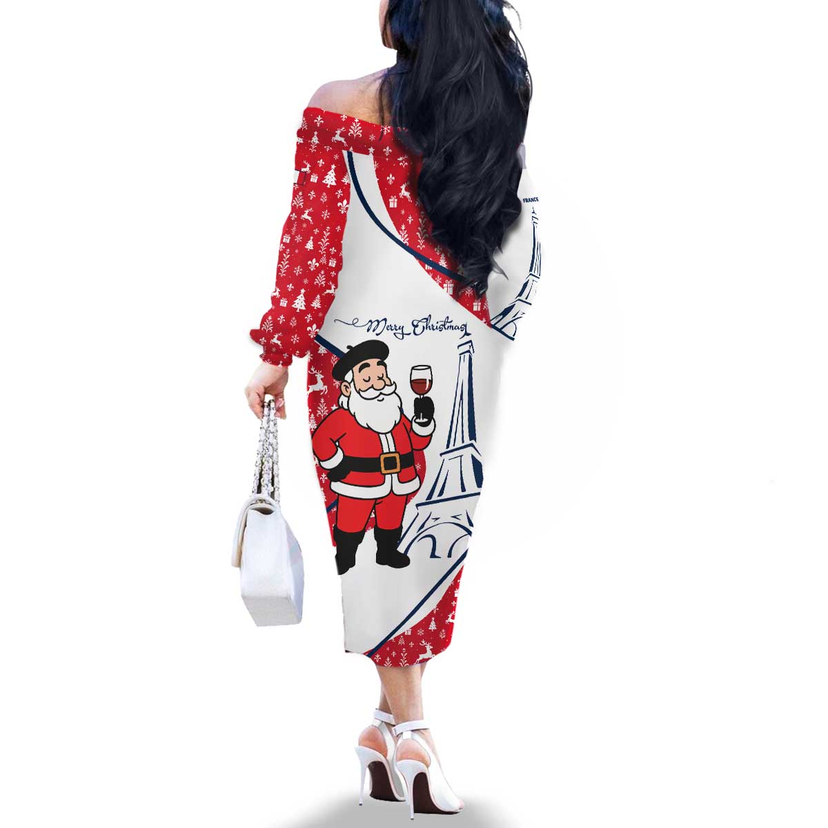 France Christmas Family Matching Off The Shoulder Long Sleeve Dress and Hawaiian Shirt with Santa Wine Glass Eiffel Tower and Holiday Icons Design - Wonder Print Shop