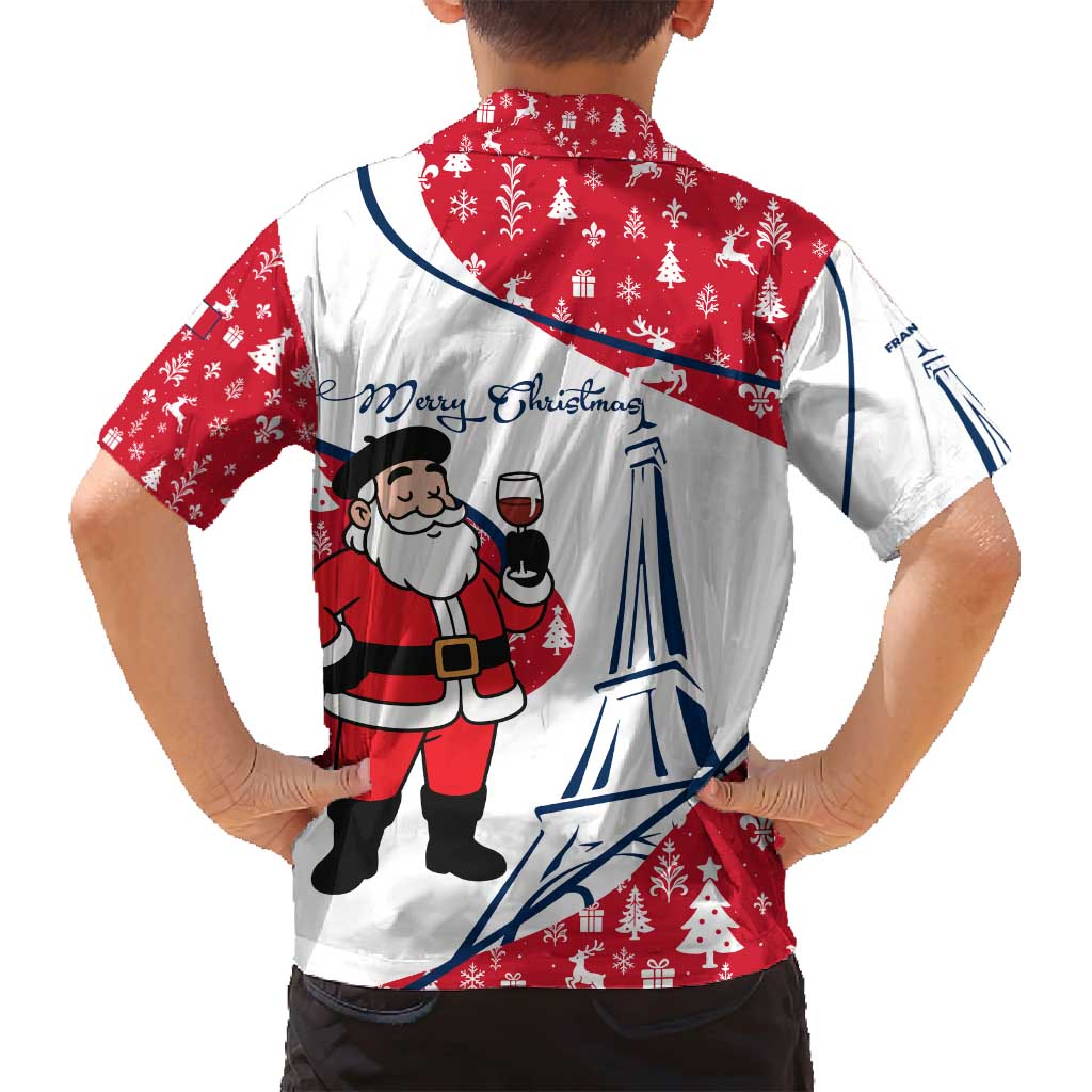 France Christmas Family Matching Off Shoulder Maxi Dress and Hawaiian Shirt with Santa Wine Glass Eiffel Tower and Holiday Icons Design - Wonder Print Shop