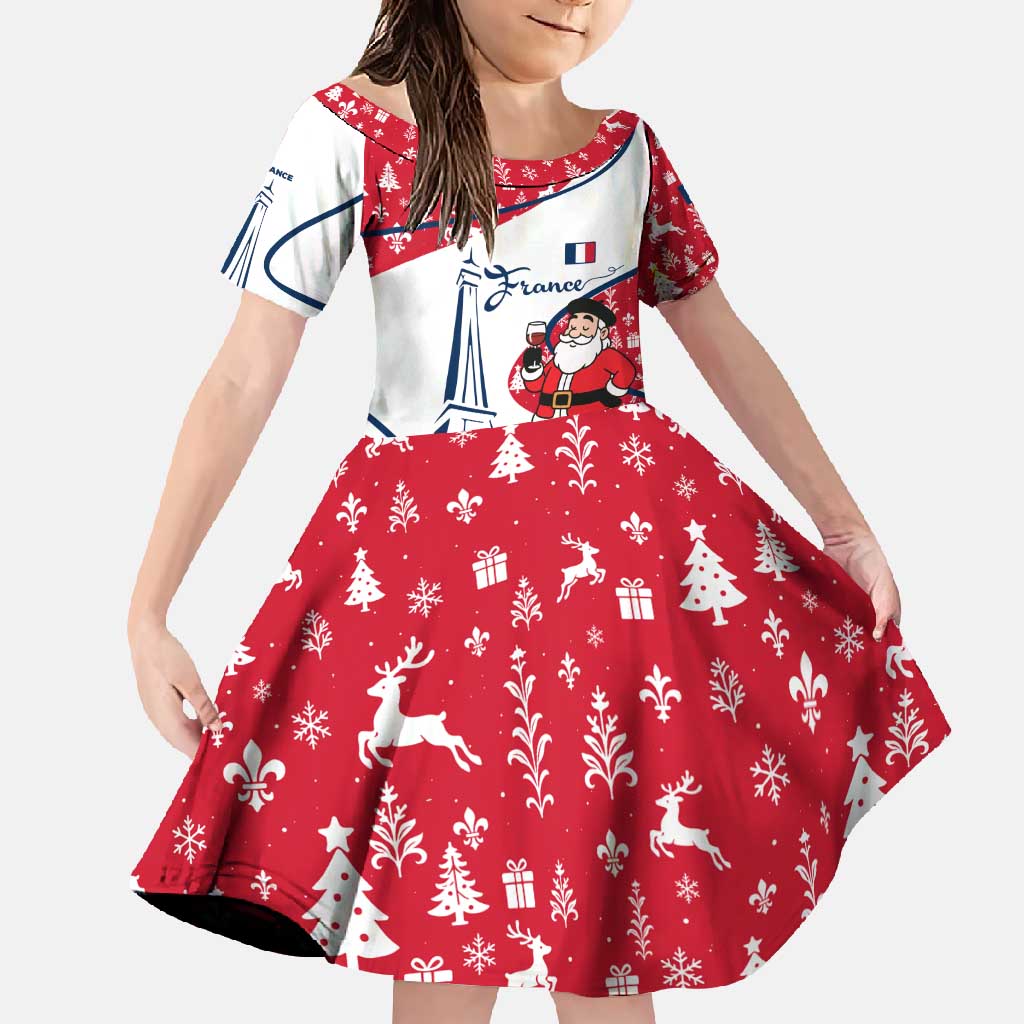 France Christmas Family Matching Off Shoulder Maxi Dress and Hawaiian Shirt with Santa Wine Glass Eiffel Tower and Holiday Icons Design - Wonder Print Shop