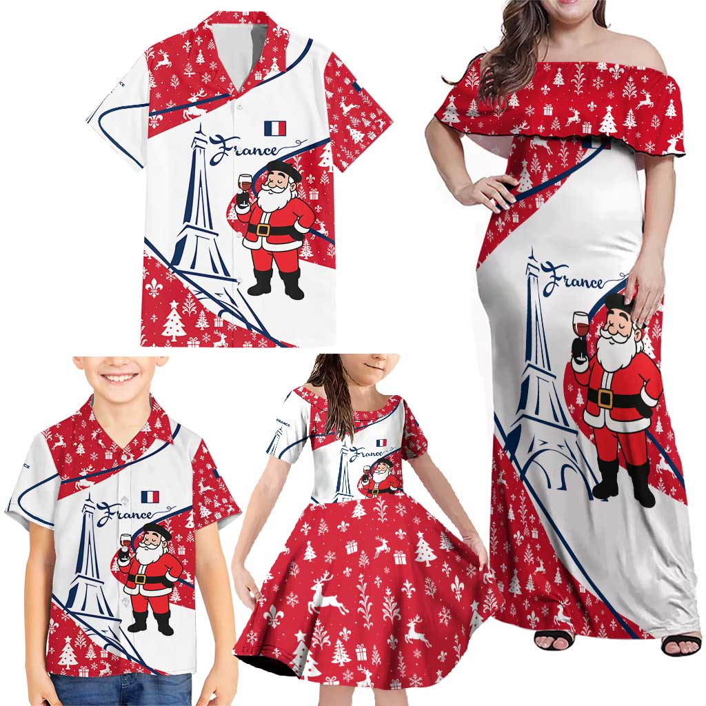 France Christmas Family Matching Off Shoulder Maxi Dress and Hawaiian Shirt with Santa Wine Glass Eiffel Tower and Holiday Icons Design - Wonder Print Shop
