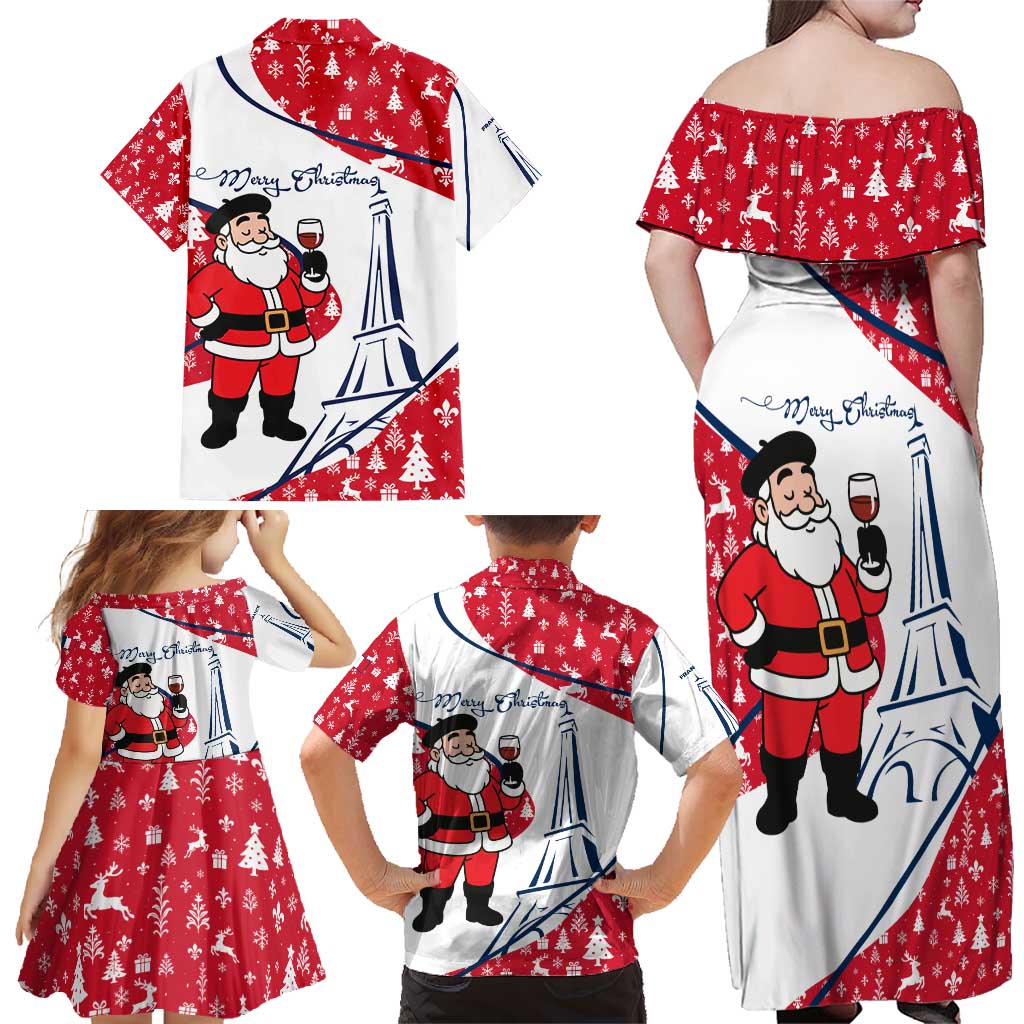 France Christmas Family Matching Off Shoulder Maxi Dress and Hawaiian Shirt with Santa Wine Glass Eiffel Tower and Holiday Icons Design - Wonder Print Shop