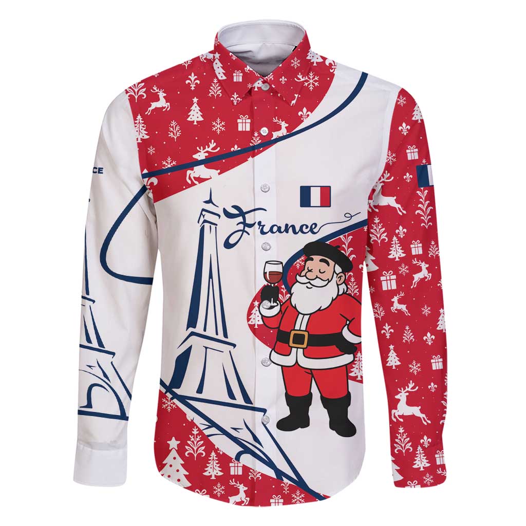 France Christmas Family Matching Off Shoulder Maxi Dress and Hawaiian Shirt with Santa Wine Glass Eiffel Tower and Holiday Icons Design - Wonder Print Shop