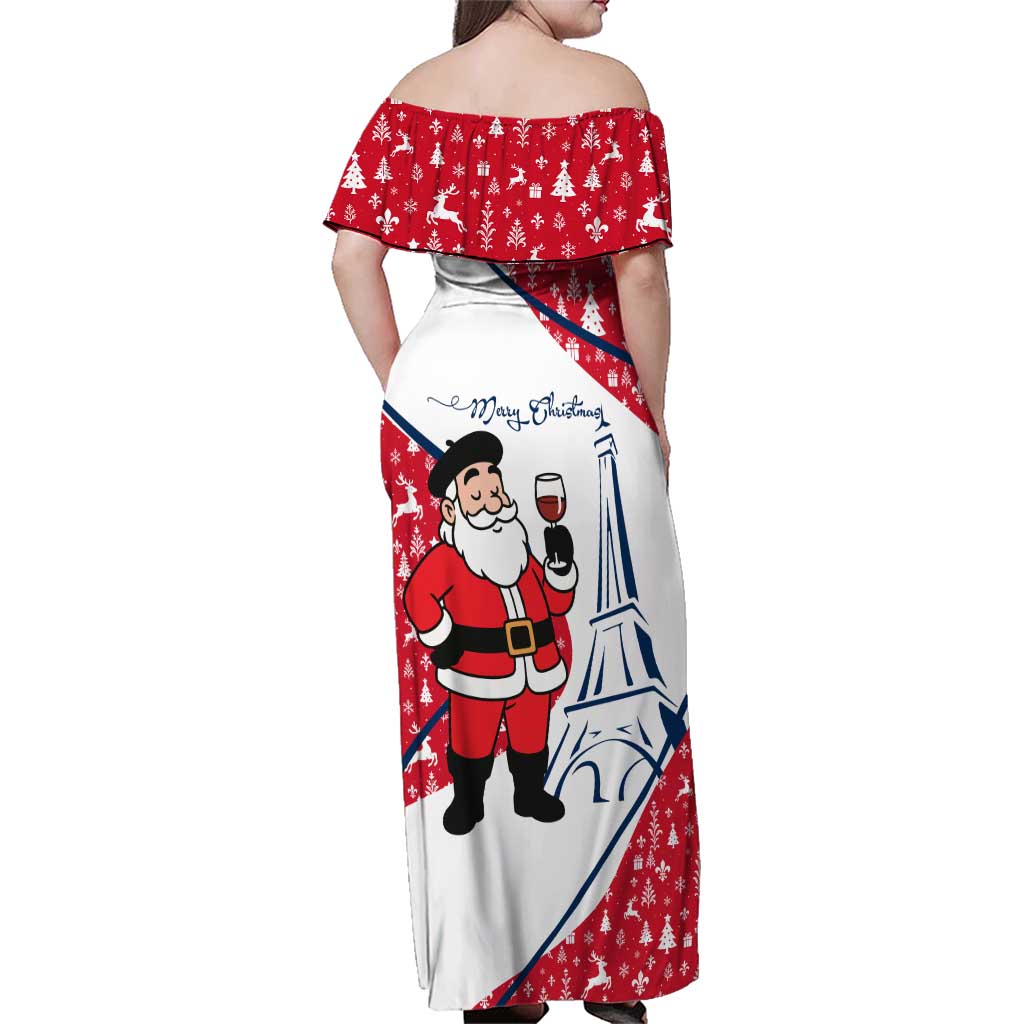 France Christmas Family Matching Off Shoulder Maxi Dress and Hawaiian Shirt with Santa Wine Glass Eiffel Tower and Holiday Icons Design - Wonder Print Shop