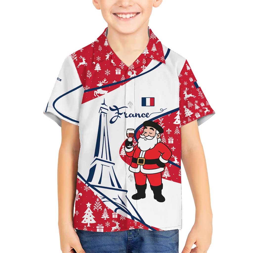 France Christmas Family Matching Off Shoulder Maxi Dress and Hawaiian Shirt with Santa Wine Glass Eiffel Tower and Holiday Icons Design - Wonder Print Shop