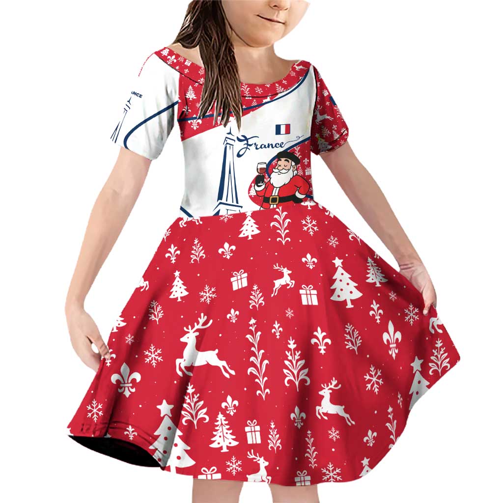 France Christmas Family Matching Off Shoulder Short Dress and Hawaiian Shirt with Santa Wine Glass Eiffel Tower and Holiday Icons Design - Wonder Print Shop