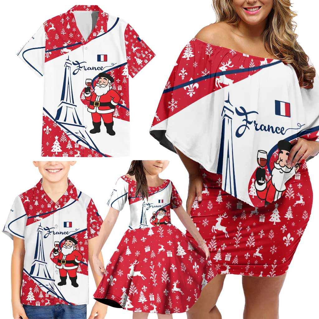 France Christmas Family Matching Off Shoulder Short Dress and Hawaiian Shirt with Santa Wine Glass Eiffel Tower and Holiday Icons Design - Wonder Print Shop