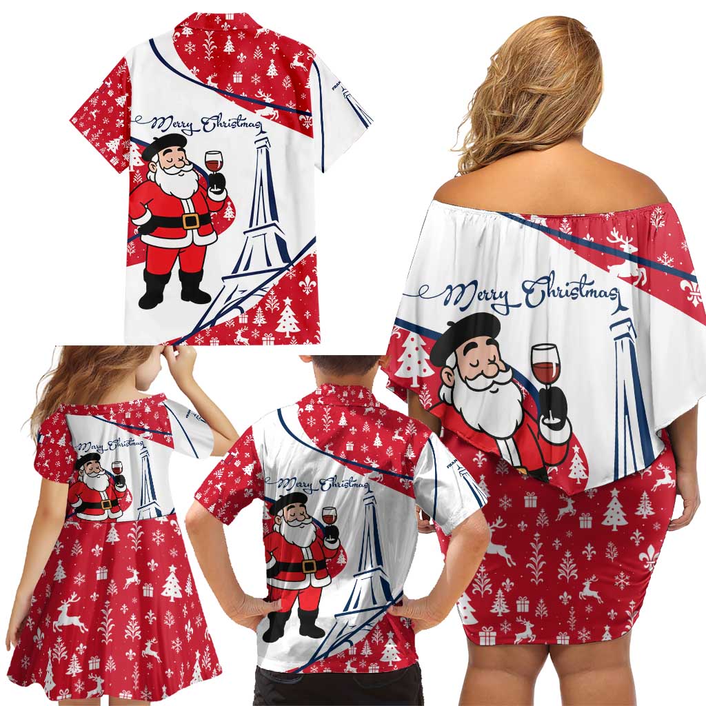 France Christmas Family Matching Off Shoulder Short Dress and Hawaiian Shirt with Santa Wine Glass Eiffel Tower and Holiday Icons Design - Wonder Print Shop