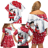 France Christmas Family Matching Off Shoulder Short Dress and Hawaiian Shirt with Santa Wine Glass Eiffel Tower and Holiday Icons Design - Wonder Print Shop