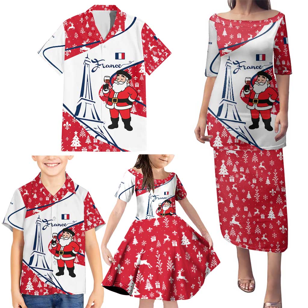 France Christmas Family Matching Puletasi and Hawaiian Shirt with Santa Wine Glass Eiffel Tower and Holiday Icons Design - Wonder Print Shop