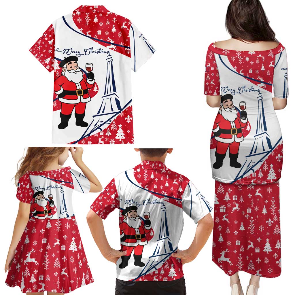 France Christmas Family Matching Puletasi and Hawaiian Shirt with Santa Wine Glass Eiffel Tower and Holiday Icons Design - Wonder Print Shop
