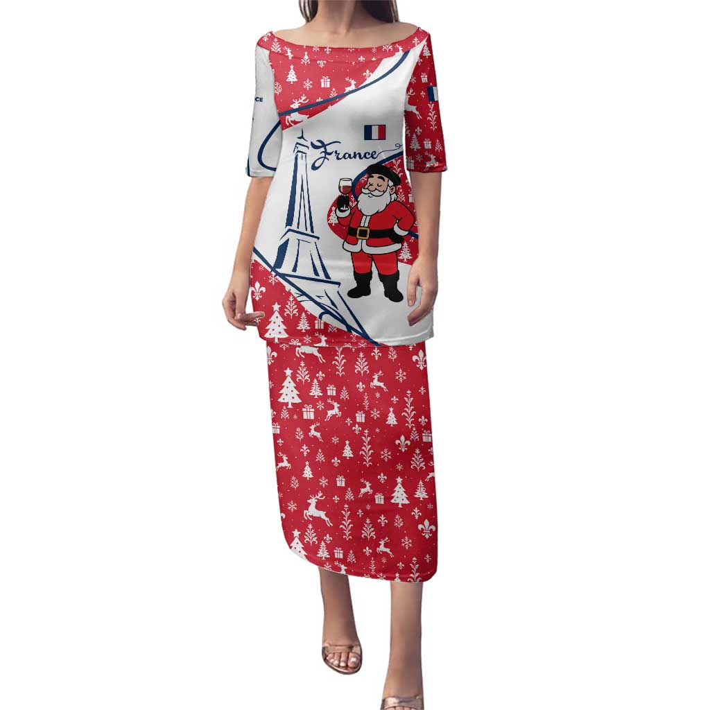 France Christmas Family Matching Puletasi and Hawaiian Shirt with Santa Wine Glass Eiffel Tower and Holiday Icons Design - Wonder Print Shop