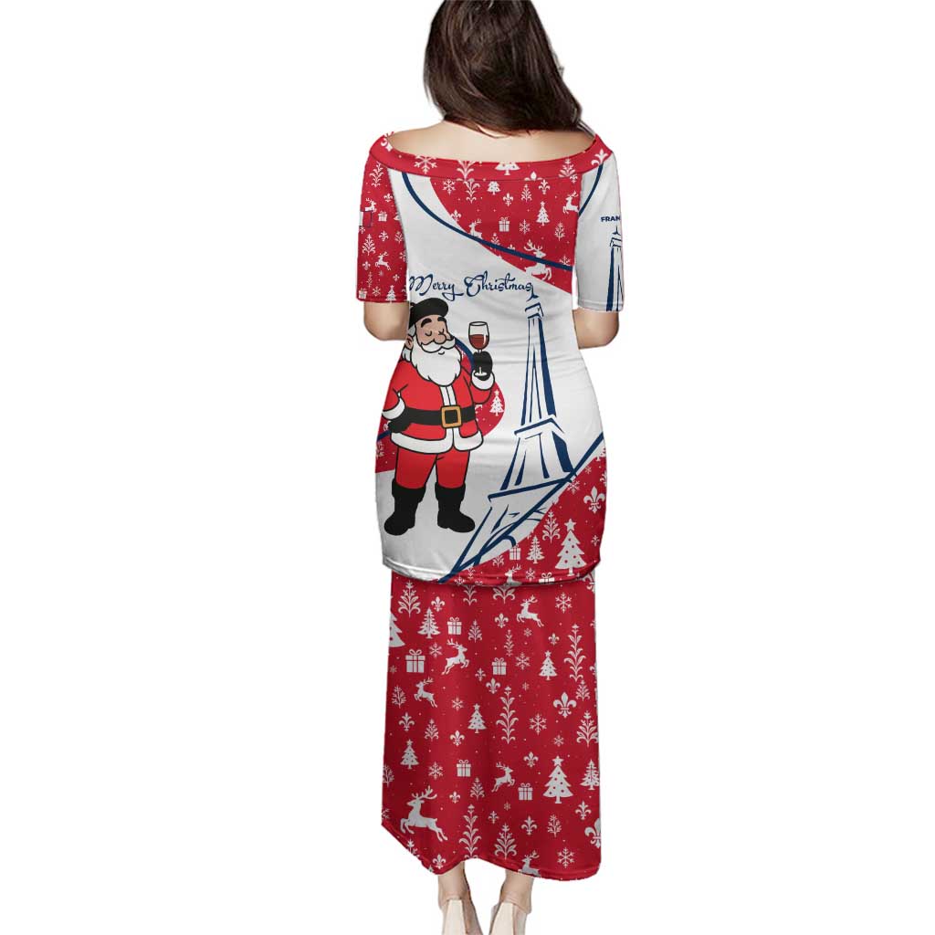France Christmas Family Matching Puletasi and Hawaiian Shirt with Santa Wine Glass Eiffel Tower and Holiday Icons Design - Wonder Print Shop