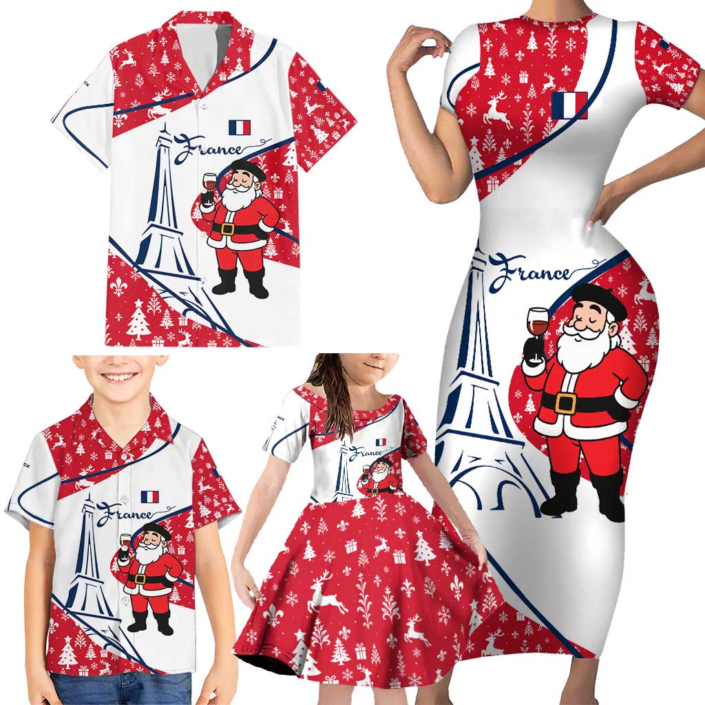 France Christmas Family Matching Short Sleeve Bodycon Dress and Hawaiian Shirt with Santa Wine Glass Eiffel Tower and Holiday Icons Design - Wonder Print Shop