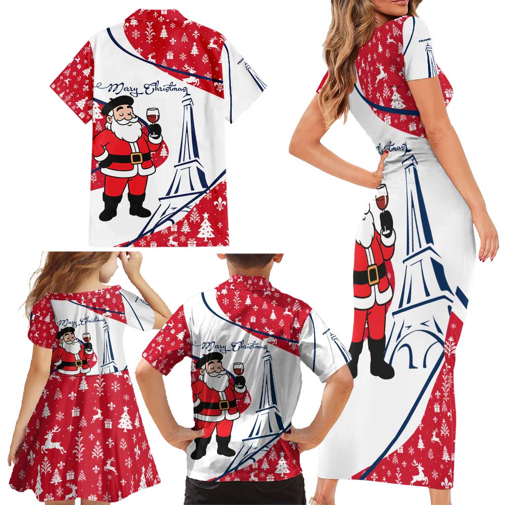 France Christmas Family Matching Short Sleeve Bodycon Dress and Hawaiian Shirt with Santa Wine Glass Eiffel Tower and Holiday Icons Design - Wonder Print Shop
